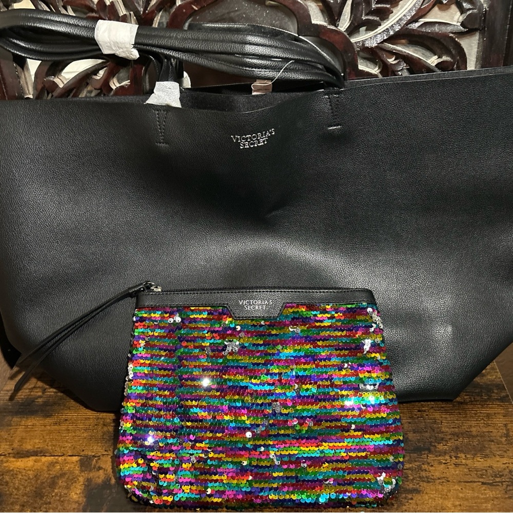 Victoria's Secret Black Tote with Multicolor Sequin Pouch